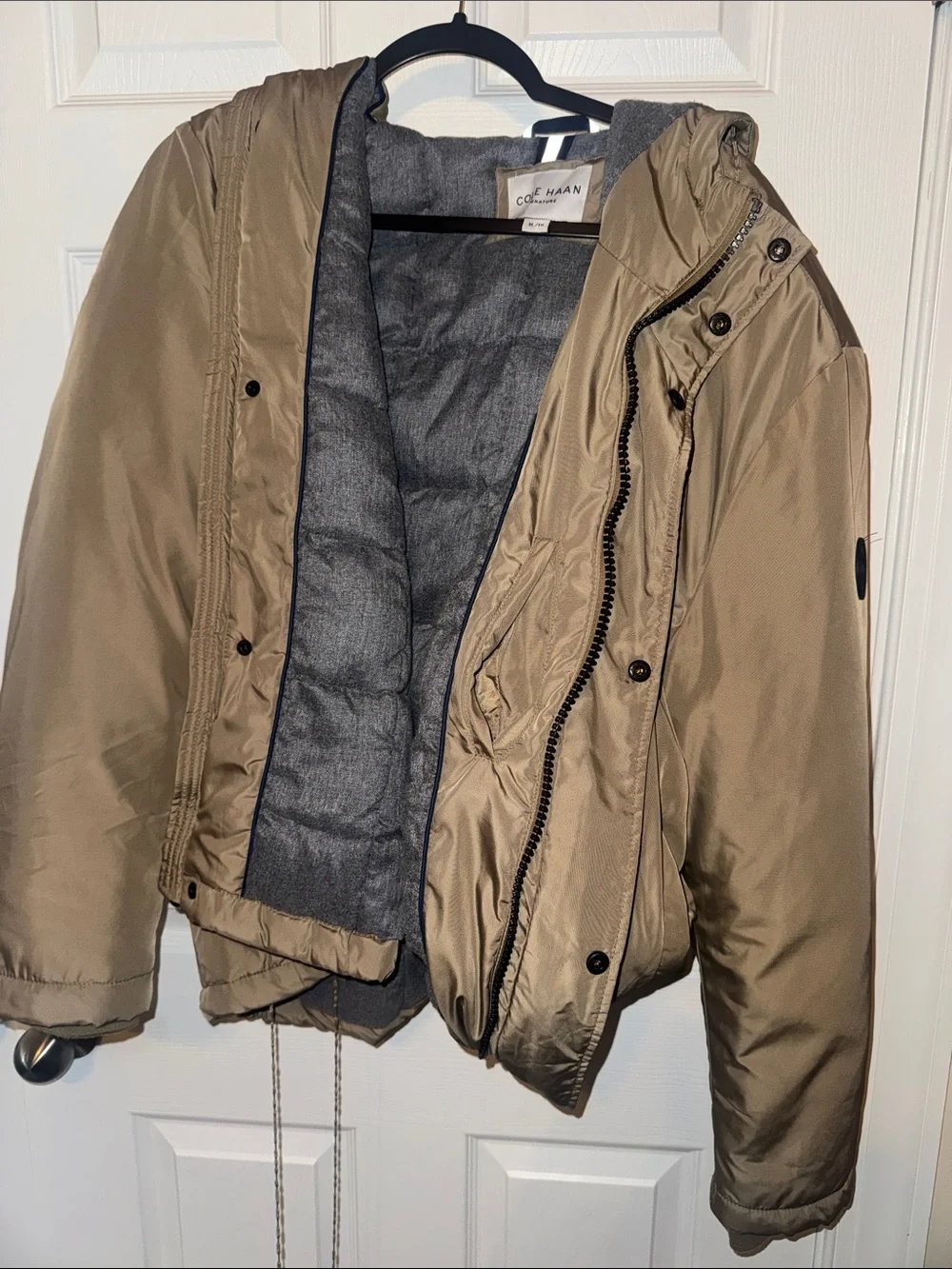 Cole Haan Men's Tan Hooded Puffer Jacket with Gray Lining
